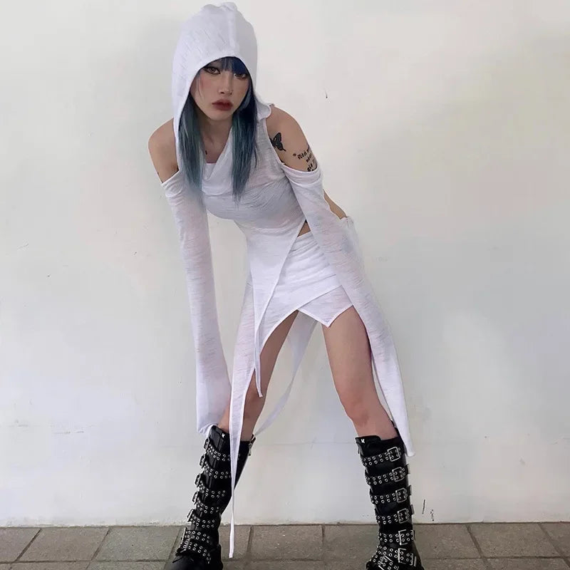 Dulzura Y2k Clothes 2 Pieces Long Sleeve Hoodies Crop Top High Waist Bodycon Irregular Mini Skirts Matching Set Club