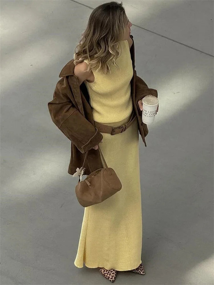Knitwear 2 Piece-set Long Dress Female Ribbed Sweater Pullover and Loose Patchwork Maxi Skirt Sets Outfits