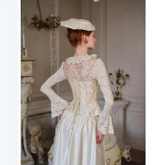 French Retro Court Style Heavy Industry Lace Fishbone Shirt Top Long Sleeve Square Neck Temperament Slim Blouses