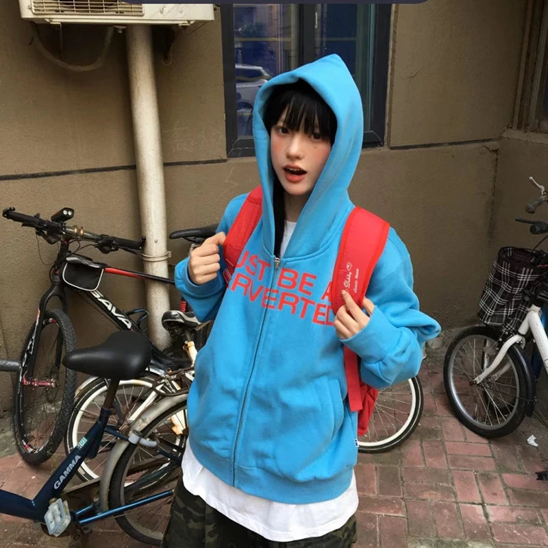 Y2k Letter Print Hoodies Sweatshirt Korean Cotton Zipper Loose Jacket New Harajuku Tops