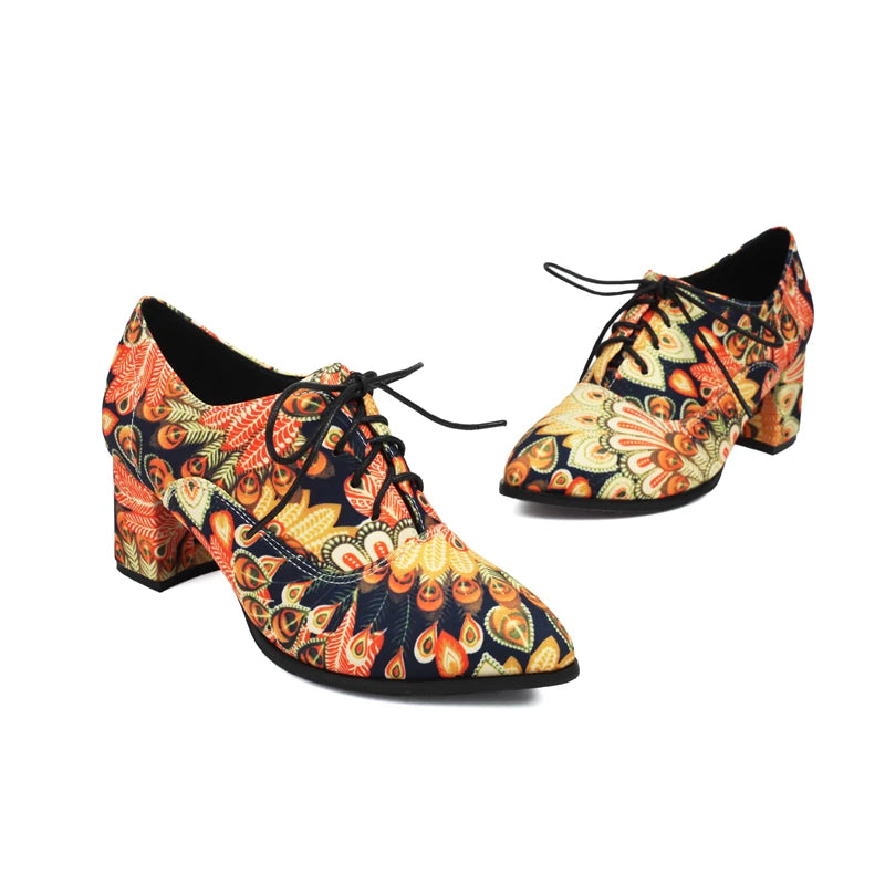 Style Printed Fabric Lace Up High Heeled Shoes Round Toe Cross Tied Spring Autumn New Pumps Oxfords 3548