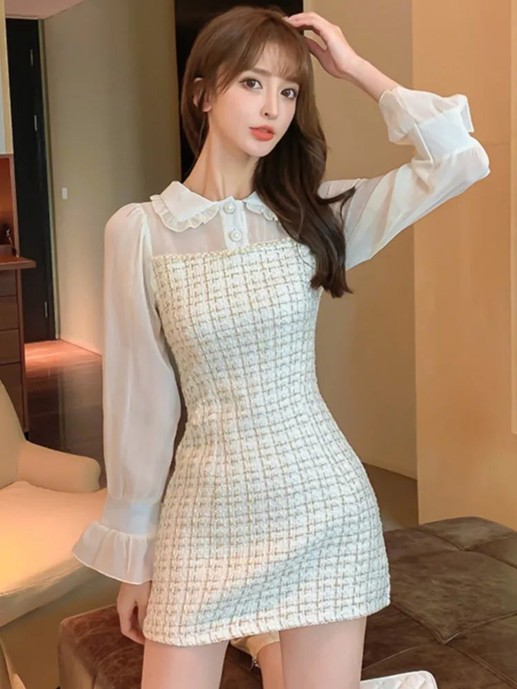 Plaid Mini Dress Sweet Flare Long Sleeves Chiffon Patchwork Birthday Party Short Dresses Female Clothing New