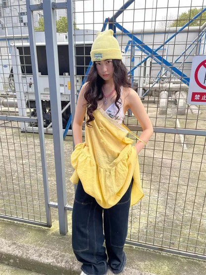Summer French Vacation Style Lemon Yellow Splicing Lace Bow Strap Camisole Dress for Thin Loose Aline Long Dress