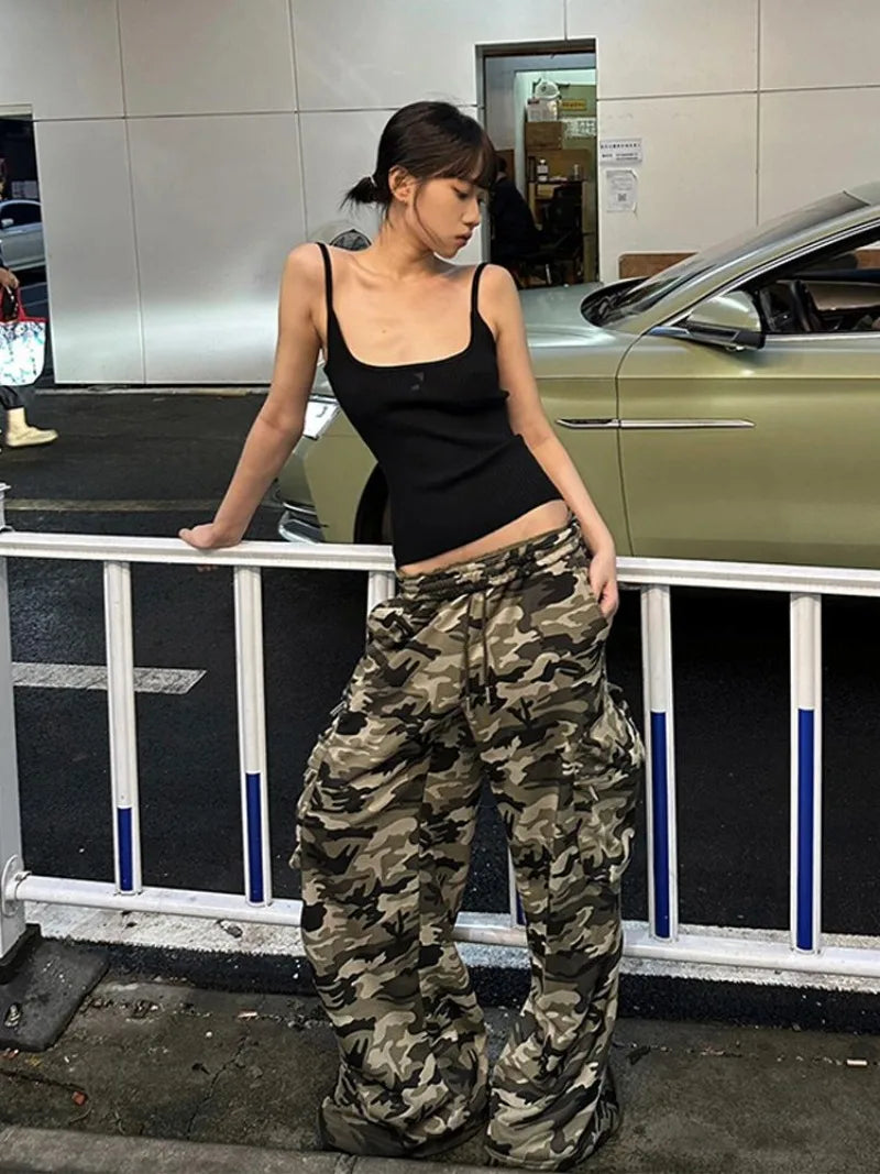 American Retro Punk Camouflage Pocket Cargo Pants Y2k High Street Hip Hop Loose Street Straight Wide Leg Pants