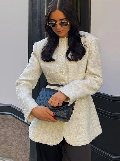 Tweed ’s Blazer Coat Slim O Neck Single Breasted Shoulder Pad Thick Jacket Female Spring Office Lady Outwear