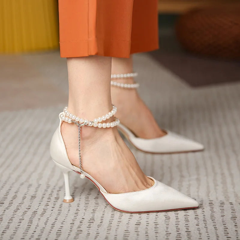 Stiletto Strap Pearl Butterfly Pointed Toe High Heel Shoes Banquet Exquisite High Heel Sandals