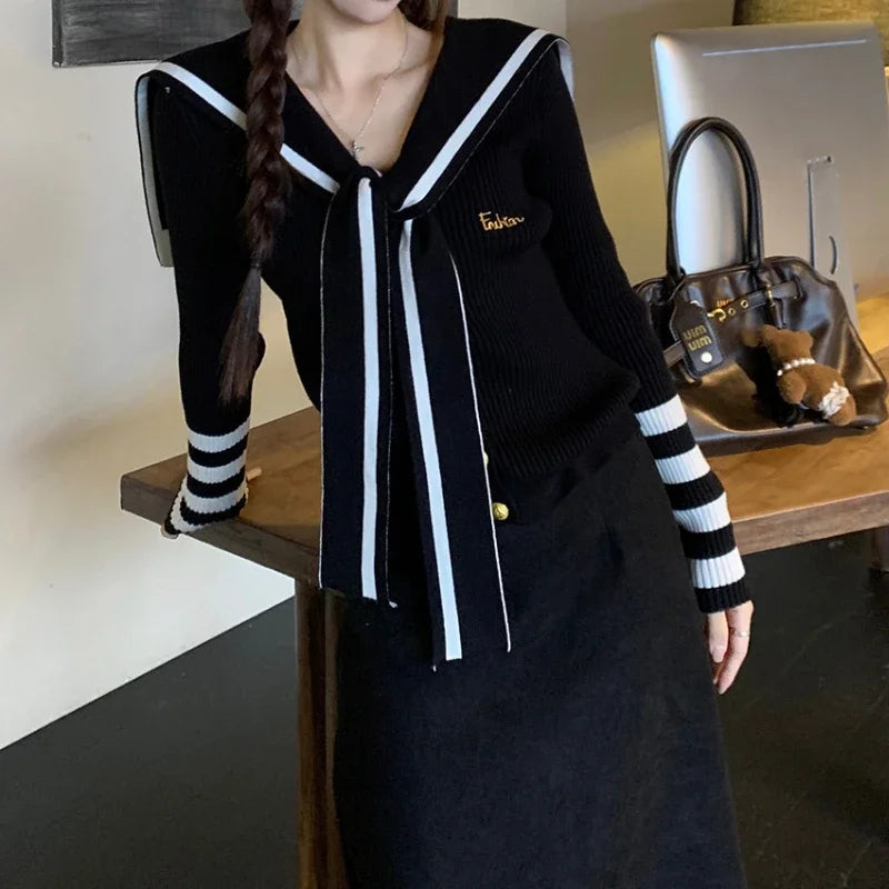 Autumn New Japanese Contrast Color Patchwork Laceup Long Sleeve Cardigan + Loose Knitted Aline Skirt Twopiece Suit