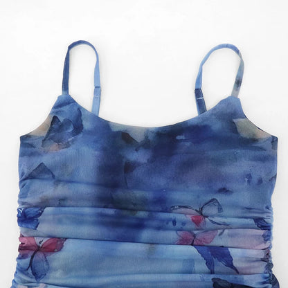 Summer Maxi Dress Preppy Style Butterfly Print Sleeveless Strap Dresses Clubwear Party Dresses