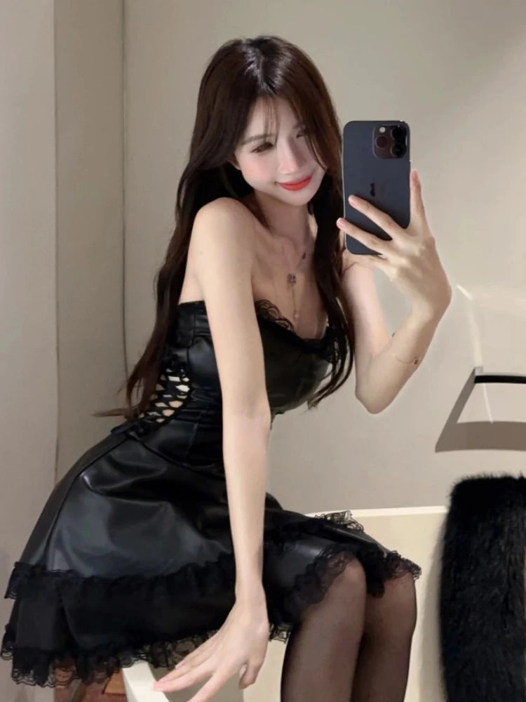 Summer Spring Faux Leather Backless Y2k Club Mini Dress Sleeveless Female New Clothes Vestidos