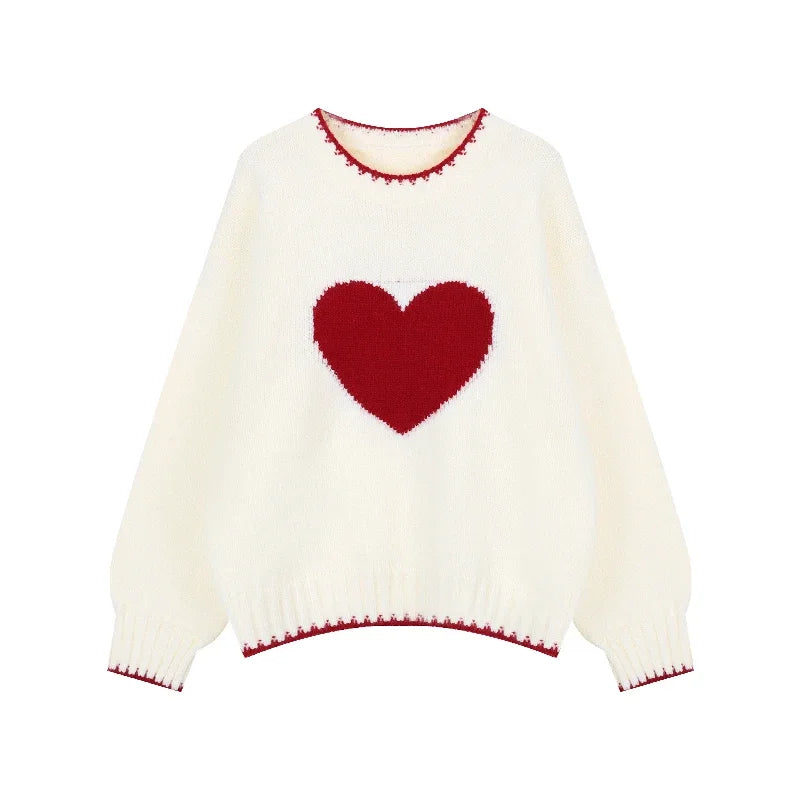 High Street Contrast Color Patchwork Long Sleeve Sweater Spring New Oneck Heart Embroidery Loose Knitted Tops
