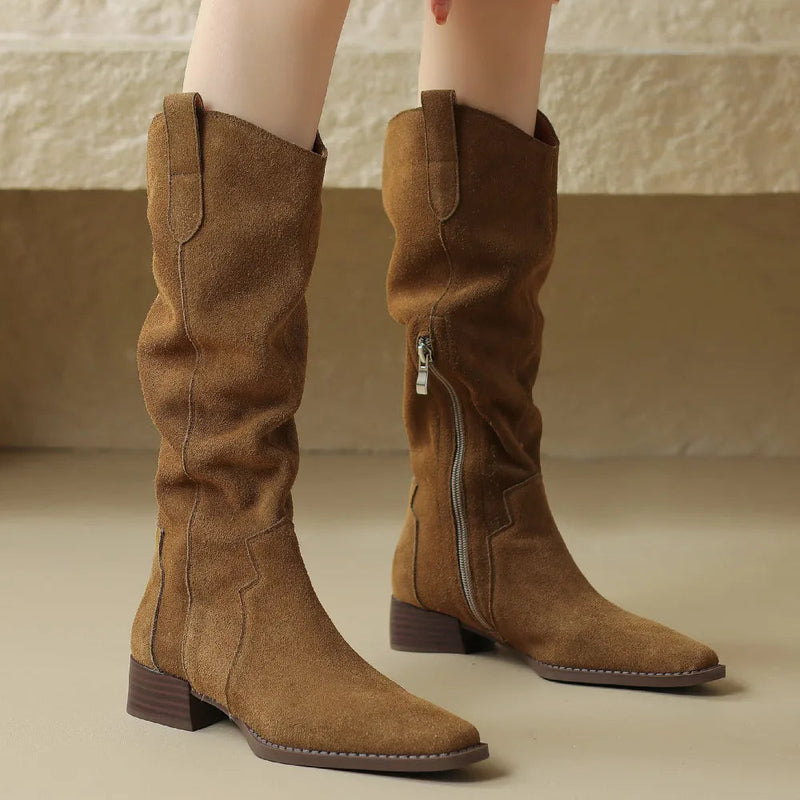 Natural Suede Leather Square Toe Side Zip Autumn Knee High Western Boots Female Long Boots Shoes