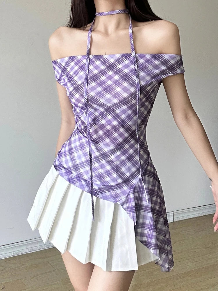 Y2k Aesthetic Sleeveless Plaid Blouse Summer Laceup Shirts Japanese Sweet Irregular Tees