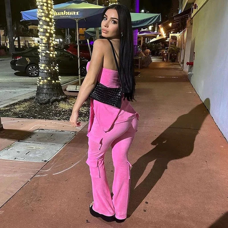 Velvet Street Two Piece Pant Set Strapless Crop Top Pocket Flare Pant Female 2 Piece Outfit New in Matching Set