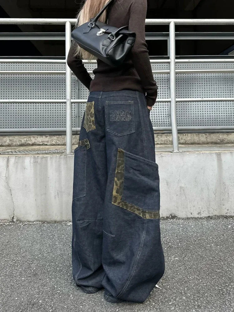 Retro Leopard Spliced Cargo Jeans Y2k Hip Hop Causal Baggy Pocket Korean Wide Leg Denim Pants Harajuku Slacks