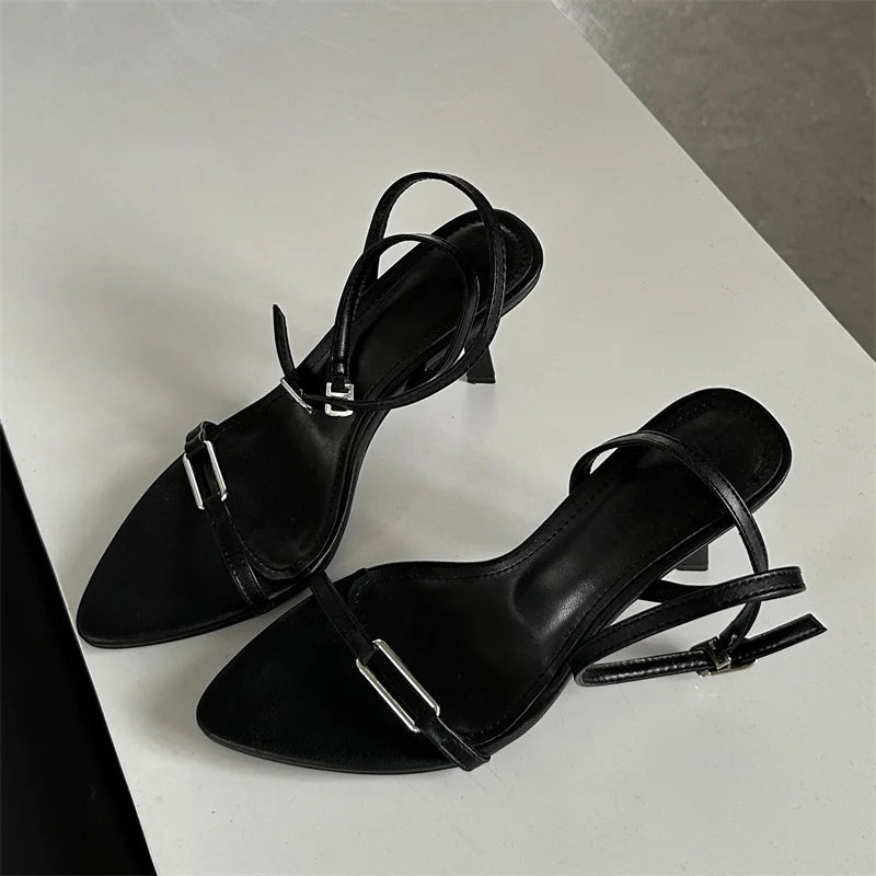 Summer Hollow Out Sandals Pointed Toe Thin High Heels Wedding Shoes Ankle Buckle Strap Pumps