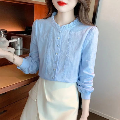 Embroidery Spring Autumn Blouses Shirts Lady Long Sleeve Stand Collar Color Blusas Tops Df4774