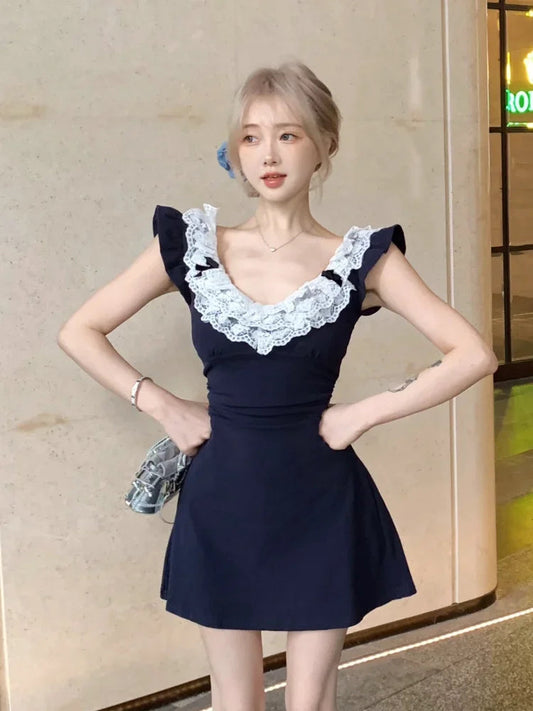 Lace Patchwork Mini Dresses for Flying Sleeve Aline Summer Dresswith Bow Korean Slim Uniform Clothes