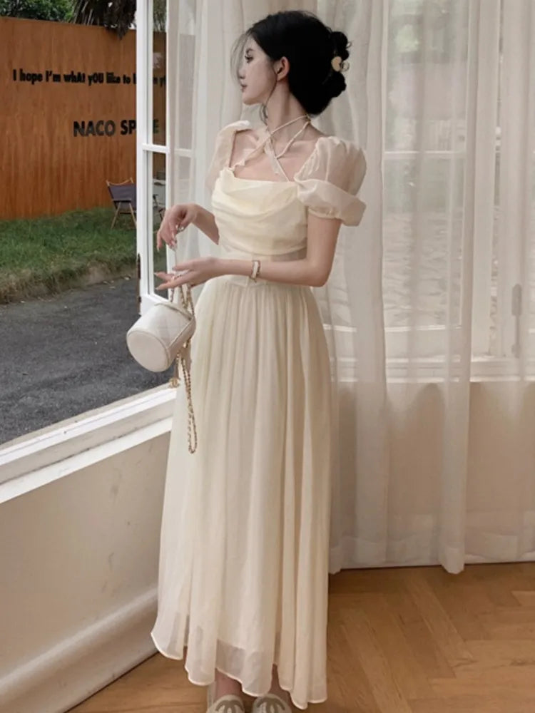 Summer Halter Midi Dress Female Chiffon Square Neck Party One Pieces Dresses French New Vestidos Robe