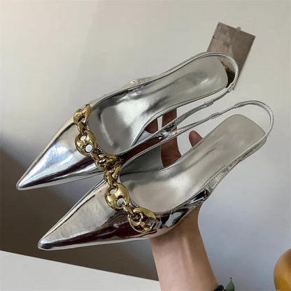 Metal Decoration Pointed Toe Pumps Thin Low Heels Sandals Dress Mules Shoes