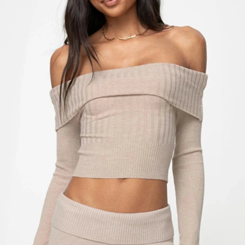 Knitted Slim Sweater Long Sleeve Off the Shoulders Pullovers Female Street Bodycon Sweaters Woman