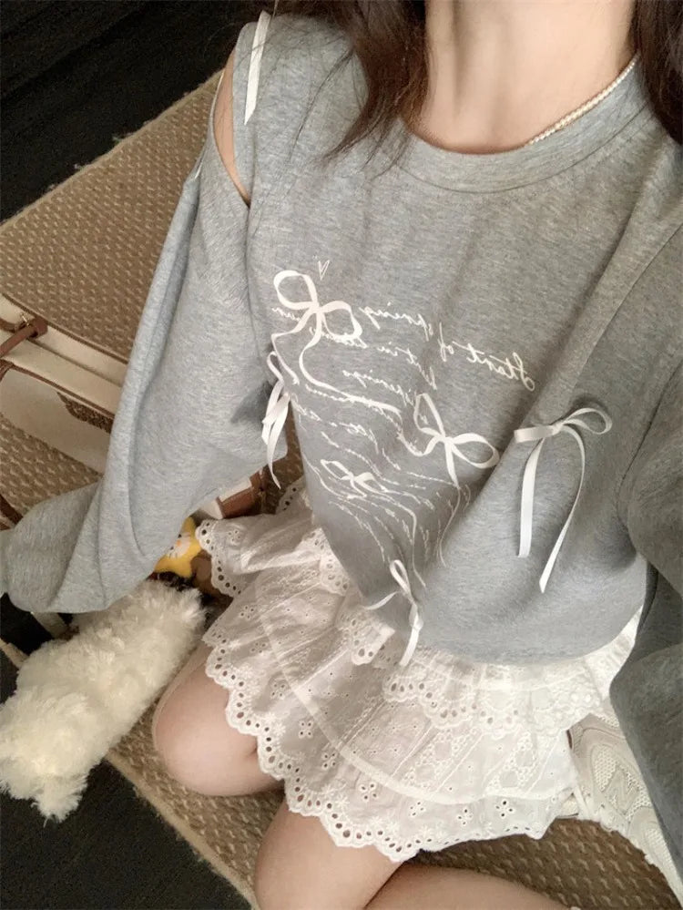 Sweatshirt Bow Hollow Out O Neck Long Sleeve Letter Printed Loose Thin Pullover Autumn New Sweet Female Hoodies