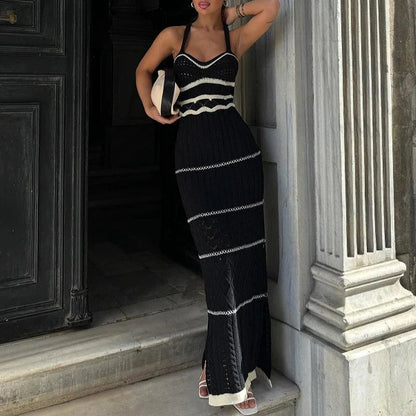 High Street U Neck Striped Knit Dresses Hollow Out Spaghetti Tank Long Dress Slit Bodycon Party Dress