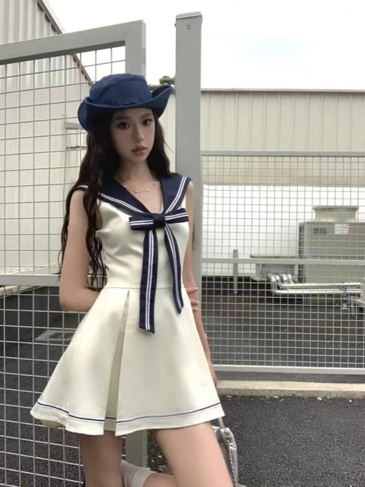 Japanese Sleeveless 2000s Aesthetic Bow Sailor Collar Mini Dress Gyaru Preppy Frocks Onepiece Evening Party Dress