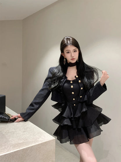 Sweet Hot Girl Suit Autumn Winter Gold Buckle Short Coat Laceup Slim Aline Dress Twopiece Set Female Clothes