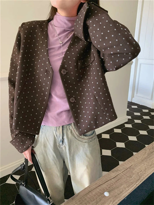 Office Lady Coats New Woolen Autumn Polka Dots Slim High Street Work Wear Vneck