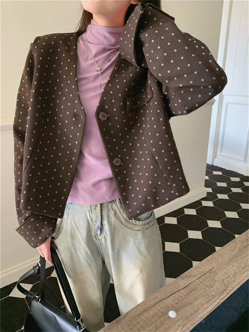 Office Lady Coats New Woolen Autumn Polka Dots Slim High Street Work Wear Vneck