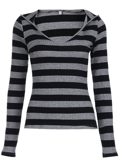 Black Dark Gray Stripe Hooded T-shirt V Neck Slim Long Sleeve Basic Spring Autumn Ribbed Top Preppy Tee