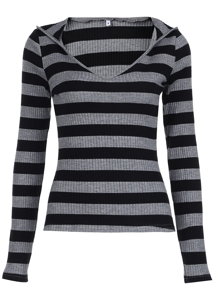 Black Dark Gray Stripe Hooded T-shirt V Neck Slim Long Sleeve Basic Spring Autumn Ribbed Top Preppy Tee