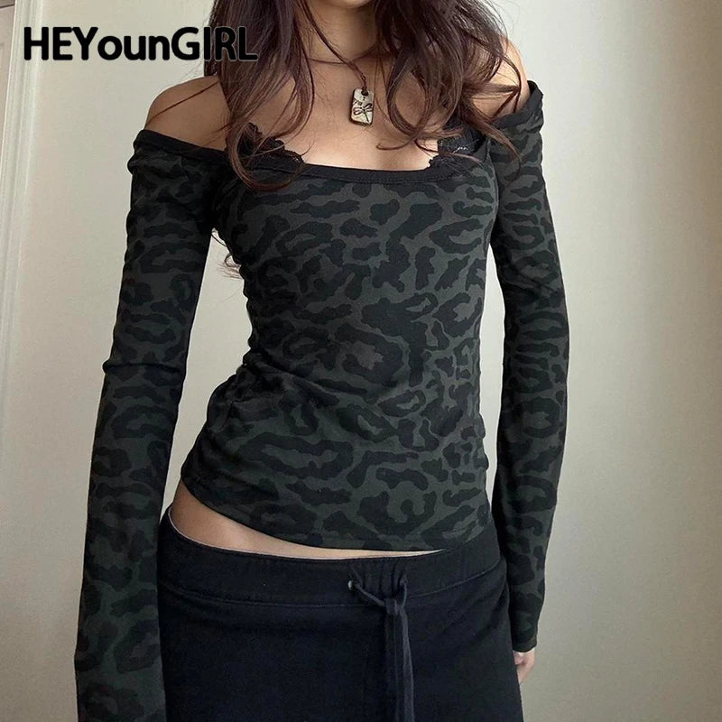Animal Patterns Lace Strappy T-shirt Off Shoulder Fitted Cropped Top Y2k Long Sleeve Tee Street Outfits