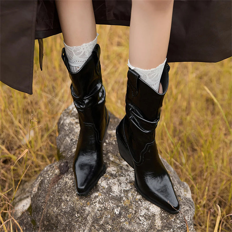 New High Heel Leather Shoes Knight Boot Western Cowboy Boots Pointed Toe Thick Soled Short Boot