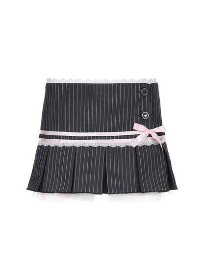 Contrast Lace Bow Stripe Y2k Mini Pleated Skirt Button Up Low Waist a Line Kawaii Sweet Ballet Preppy Skirts