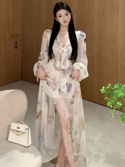 Printed Long Dresses for Lantern Sleeve V-neck High Split Y2k Fairy Party Dress Korean Vestidos New