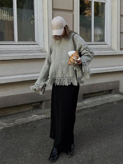 Pleated Tassel Sweaters Loose Knitted Pullover Sweater Female Autumn High Street Tops