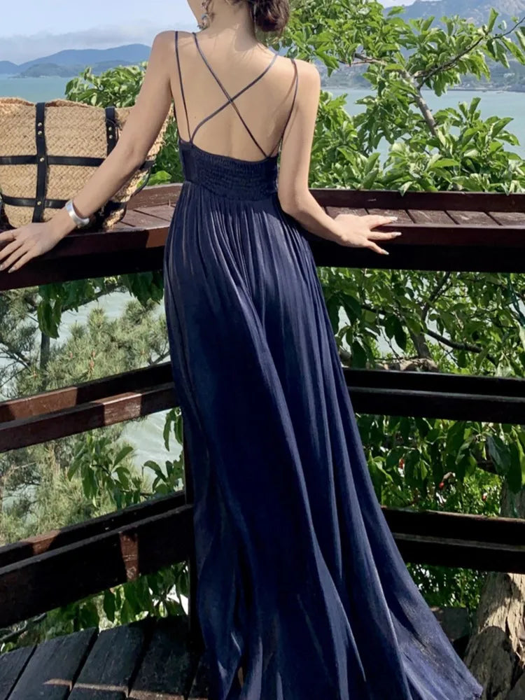 Summer New Spaghetti Strap Long Dresses for V-neck A-line Evening Party Dress Backless Prom Robe One Piece Vestido Mujer