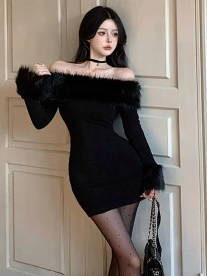 Y2k Christmas Mini Dress for Off Shoulder Slash Neck Patchwork Bodycon Party Dresses Winter Sweet Prom Vestidos Robe