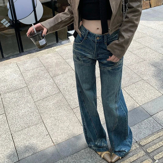 High Waist Loose All Match Jeans Autumn New Korean Splicing Washed Denim Wide Leg Pants
