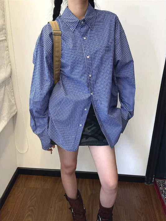 Blue Plaid Shirts for Harajuku Letter Embroidery Checked Blouse Female Oversized Korean Clothes