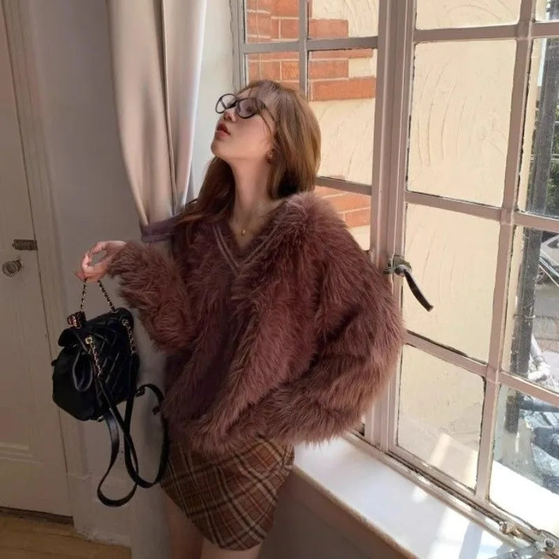 Knitted Sweater Pullover Contrast V Neck Loose Furry Autumn Winter Jumper Tops