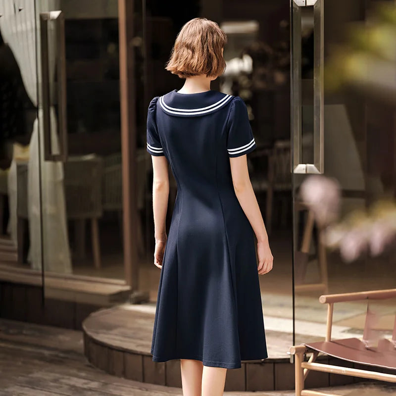 Dress Navy Collar With a Collegiate and Artistic Style Summer New White Moonlight Waist-cinched Long Dress