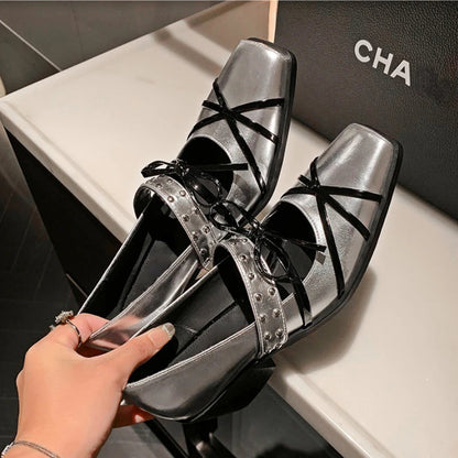Rivet Platform Mary Jane Shoes Square Toe Pumps Winter New Cross Strap Bow Chunky Designer Shoes
