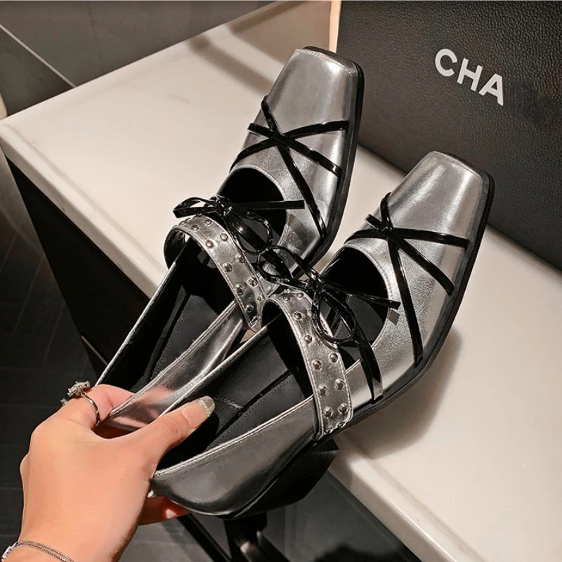 Rivet Platform Mary Jane Shoes Square Toe Pumps Winter New Cross Strap Bow Chunky Designer Shoes