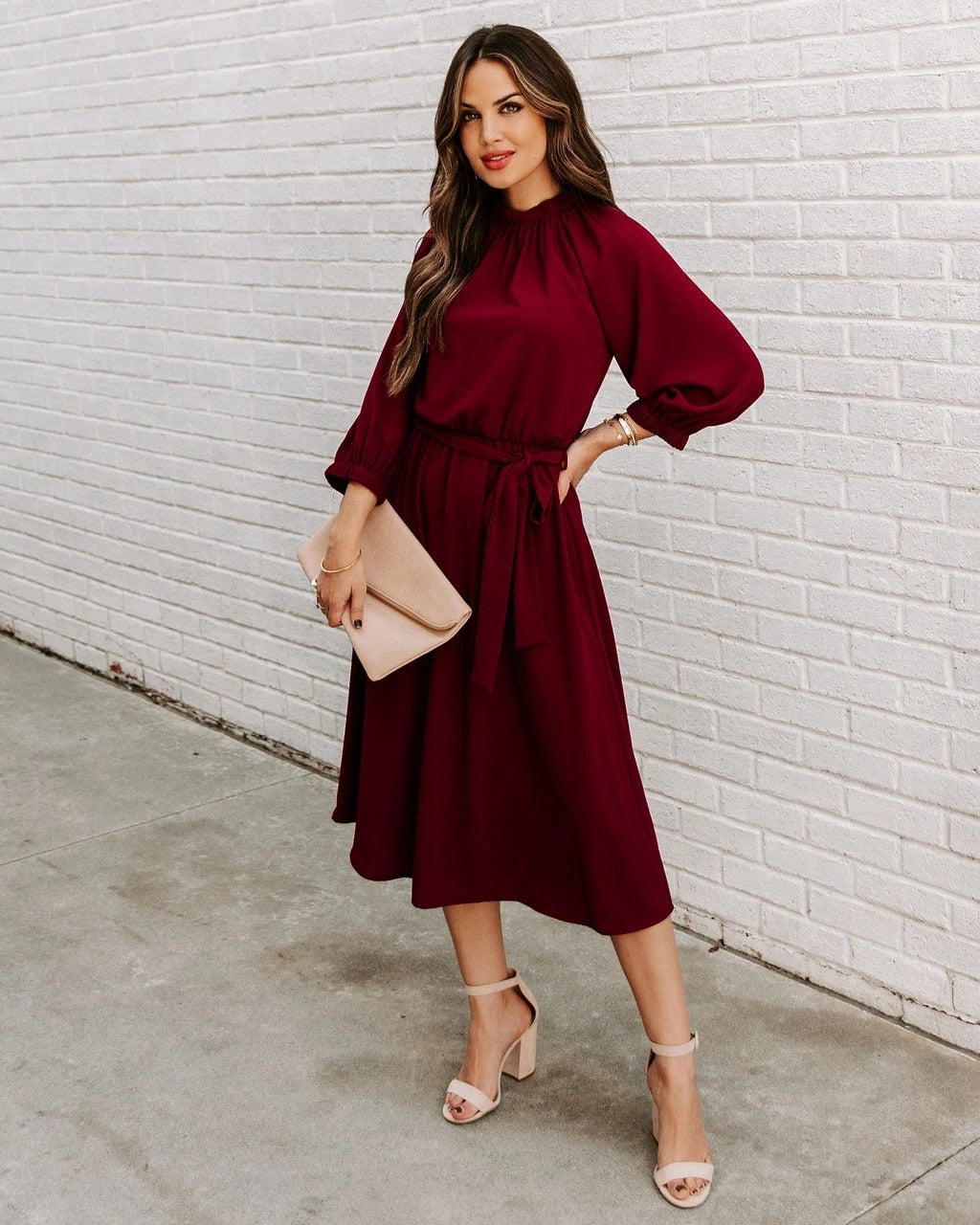 Office Dress Formal Loose Green Long Sleeve Belt A-line Midi Dresses