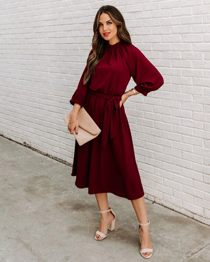Office Dress Formal Loose Green Long Sleeve Belt A-line Midi Dresses