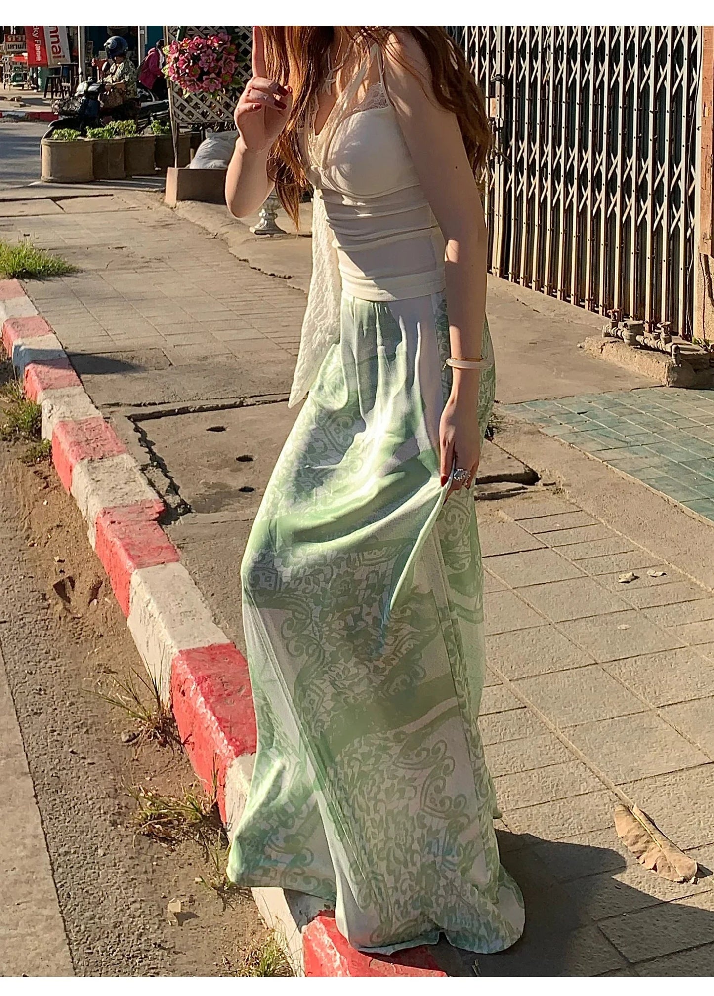 American Print Green Aline Skirt Summer New High Waist All Match Patchwork Midlength Skirt