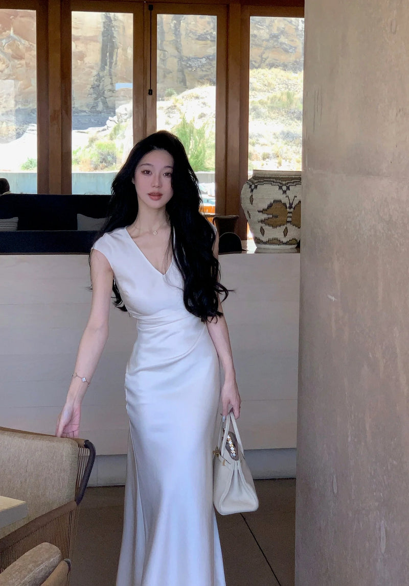 Vneck Slim Midi Dresses for Sleeveless Party Prom Female Clothes Summer
