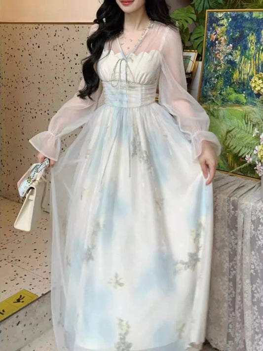 V Neck Long Dress Spring Summer Aline French Style Dresses Sweet Aline Vestidos Mujer